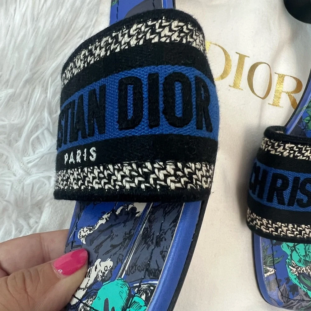 Dior Dway Heeled Slide Blue & Black Embroidered Cotton - Picture 4 of 12